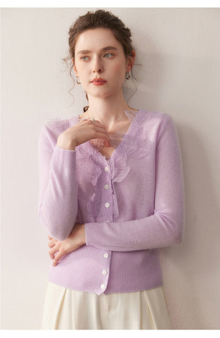 Soft V-Neck Button Front Knit Lace Trim Cashmere Wool Cardigan Sweater