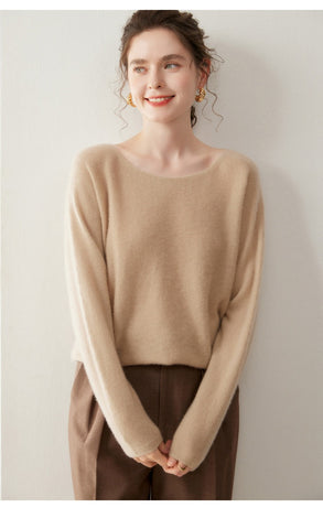 Elegant Relaxed Fit Knit Pullover Women's Cashmere Wool Boat Neck Sweater