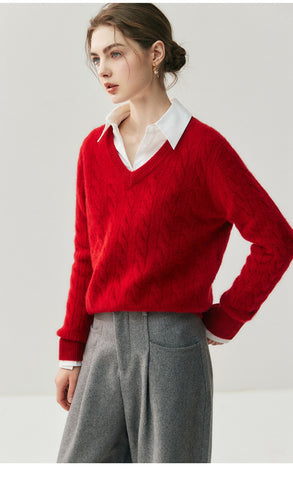 V-Neck Soft Relaxed Fit Pullover Jumper Cable Knit Cashmere Sweater