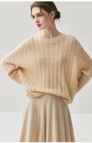 Luxury Cashmere Silk Cable Knit Oversized Crew Neck Pullover Sweater