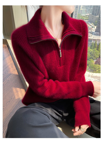 Women's Soft Ribbed Luxury Knit Zip Collar Cashmere Wool Pullover Sweater