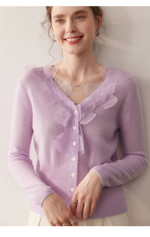 Soft V-Neck Button Front Knit Lace Trim Cashmere Wool Cardigan Sweater