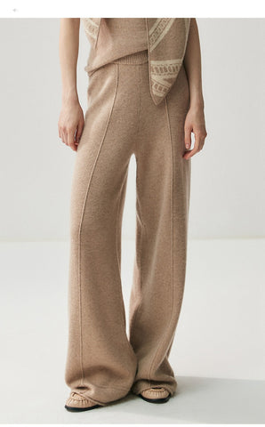 Luxury Women's Cashmere Wide-Leg Knit Trousers Long Waistband Pant