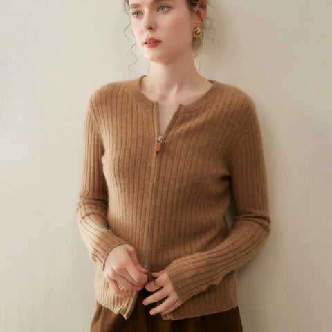 Women's Slim Fit Round Neck Knit Sweater Cashmere Blend Ribbed Zip Cardigan