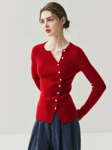Women's Asymmetric Button Front Fitted Knit Ribbed Cashmere Sweater