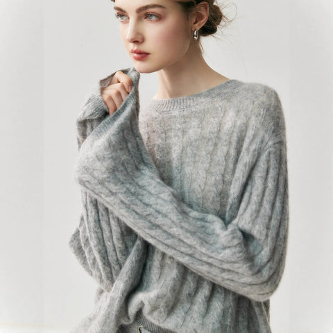 Luxury Cashmere Silk Cable Knit Oversized Crew Neck Pullover Sweater