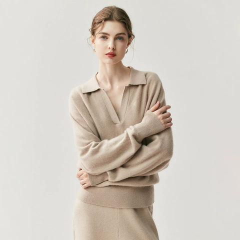 Women's Cashmere Blend Relaxed Knit Pullover Polo Collar Sweater