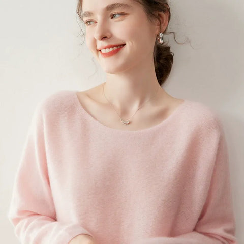 Elegant Relaxed Fit Knit Pullover Women's Cashmere Wool Boat Neck Sweater