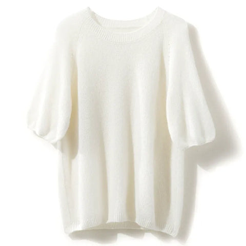 Women's  Crew Neck Cashmere Silk Puff Sleeve Knit Sweater