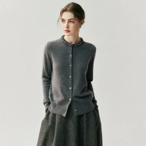 Elegant Jewel Neck Button Front Embellished Collar Cashmere Sweater Cardigan