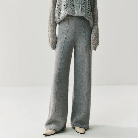 Luxury Women's Cashmere Wide-Leg Knit Trousers Long Waistband Pant