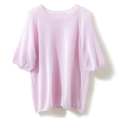 Women's  Crew Neck Cashmere Silk Puff Sleeve Knit Sweater