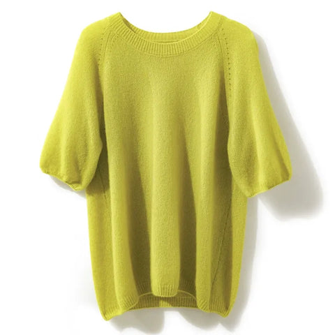 Women's  Crew Neck Cashmere Silk Puff Sleeve Knit Sweater