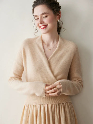 Women's Cashmere Blend Wrap Soft Pullover Sweater with Ribbed Waist
