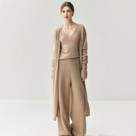 Luxury Women's Cashmere Wide-Leg Knit Trousers Long Waistband Pant