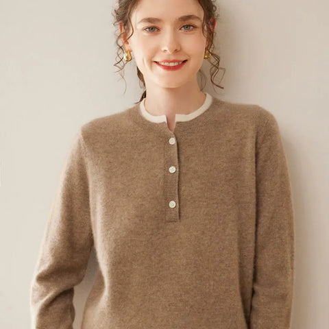 100% Cashmere Button-Front Knit Pullover Crew Neck Colorblock Sweater