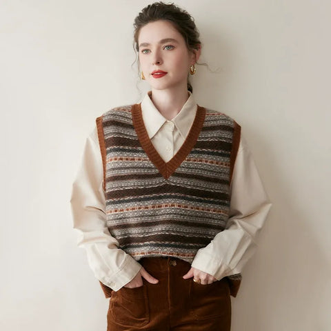 Casual Women's Cashmere Striped V-Neck Wool Knit Sweater Vest