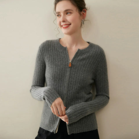 Women's Slim Fit Round Neck Knit Sweater Cashmere Blend Ribbed Zip Cardigan