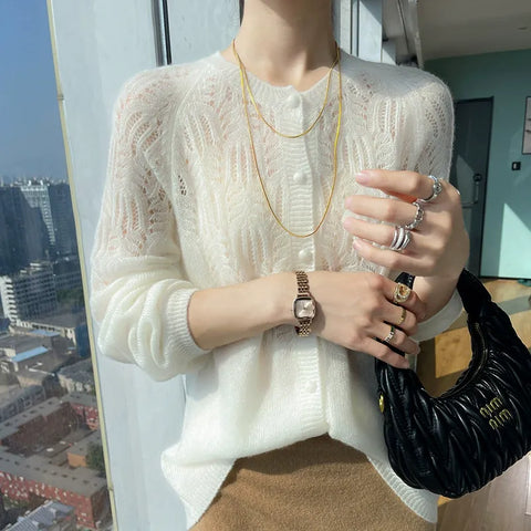 Soft Women's Openwork Pointelle Knit Cashmere Silk Cardigan