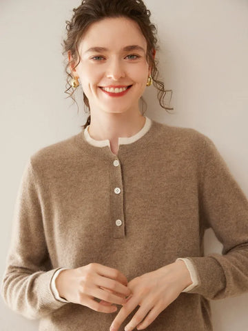 100% Cashmere Button-Front Knit Pullover Crew Neck Colorblock Sweater