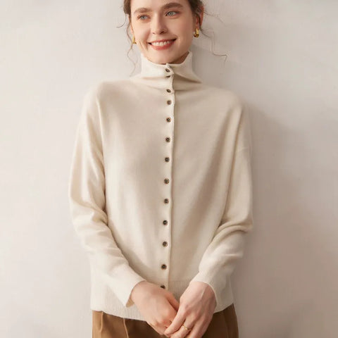Soft Chic High-Neck Cashmere-Wool  Button-Up Cardigan