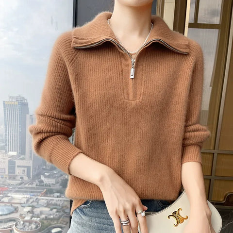 Women's Soft Ribbed Luxury Knit Zip Collar Cashmere Wool Pullover Sweater