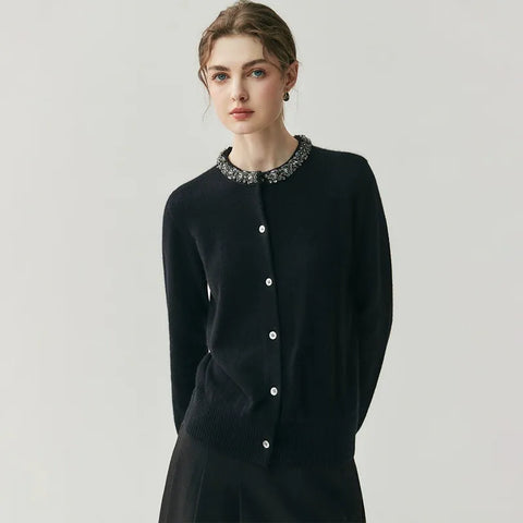 Elegant Jewel Neck Button Front Embellished Collar Cashmere Sweater Cardigan