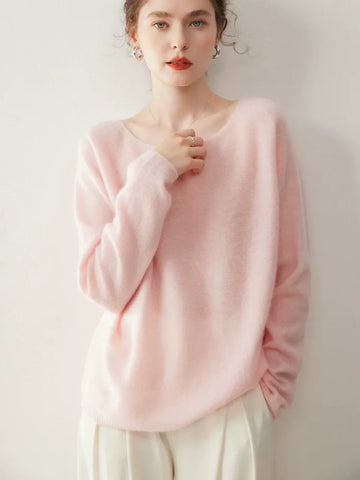 Elegant Relaxed Fit Knit Pullover Women's Cashmere Wool Boat Neck Sweater