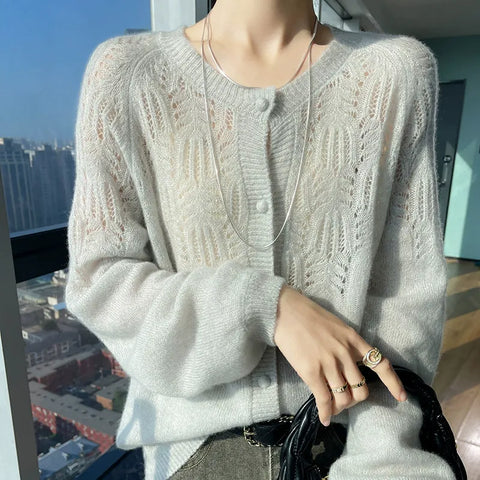Soft Women's Openwork Pointelle Knit Cashmere Silk Cardigan