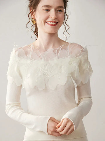 Women's Cashmere Swan Neck Floral Mesh Knit Top Sweater