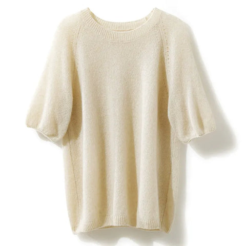 Women's  Crew Neck Cashmere Silk Puff Sleeve Knit Sweater