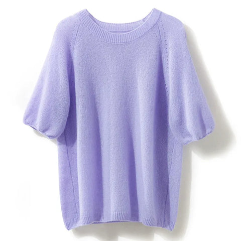 Women's  Crew Neck Cashmere Silk Puff Sleeve Knit Sweater