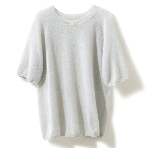 Women's  Crew Neck Cashmere Silk Puff Sleeve Knit Sweater