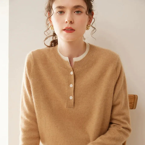 100% Cashmere Button-Front Knit Pullover Crew Neck Colorblock Sweater