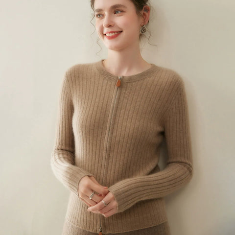 Women's Slim Fit Round Neck Knit Sweater Cashmere Blend Ribbed Zip Cardigan