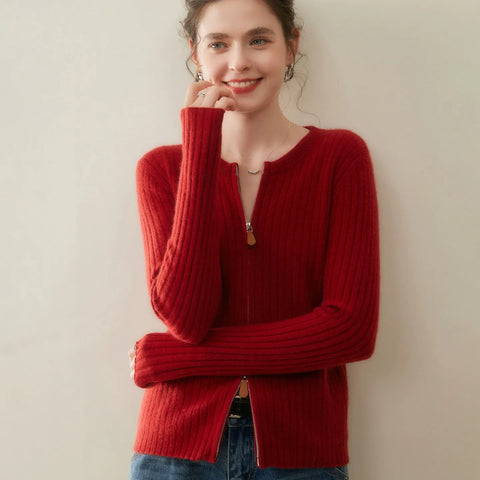 Women's Slim Fit Round Neck Knit Sweater Cashmere Blend Ribbed Zip Cardigan