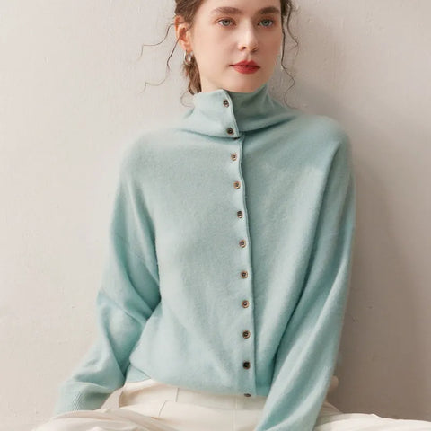 Soft Chic High-Neck Cashmere-Wool  Button-Up Cardigan