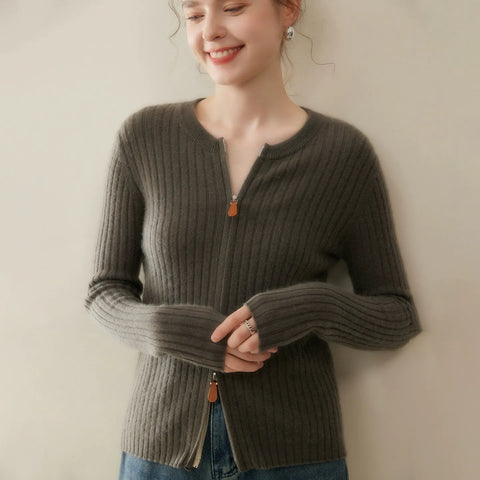 Women's Slim Fit Round Neck Knit Sweater Cashmere Blend Ribbed Zip Cardigan