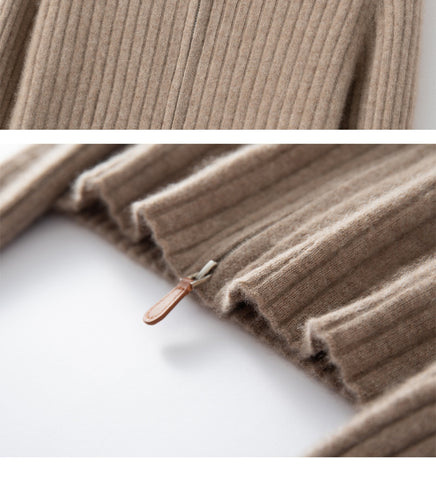 Women's Slim Fit Round Neck Knit Sweater Cashmere Blend Ribbed Zip Cardigan