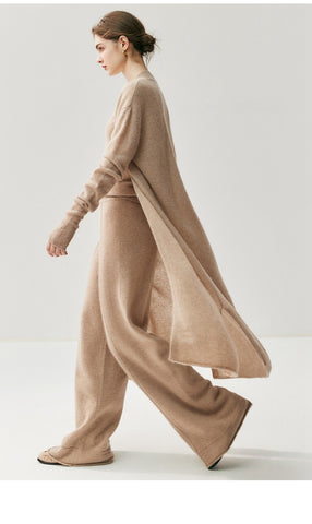 Luxury Women's Cashmere Wide-Leg Knit Trousers Long Waistband Pant