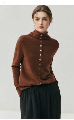 Women's Mock Neck Cashmere Ribbed Cuffs Button Front Sweater Cardigan
