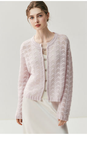 Lightweight Women's Openwork Knit Soft Cashmere Silk Sweater Cardigan