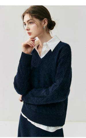 V-Neck Soft Relaxed Fit Pullover Jumper Cable Knit Cashmere Sweater