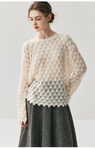 Women's Round Neck Cashmere Silk Openwork Knit Pullover Pointelle Sweater