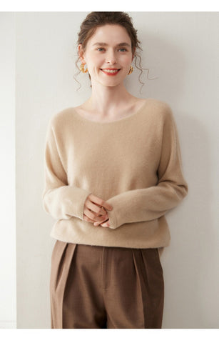 Elegant Relaxed Fit Knit Pullover Women's Cashmere Wool Boat Neck Sweater