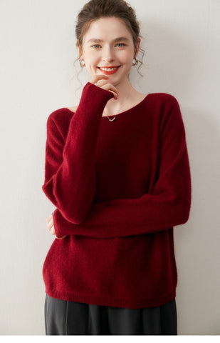 Elegant Relaxed Fit Knit Pullover Women's Cashmere Wool Boat Neck Sweater