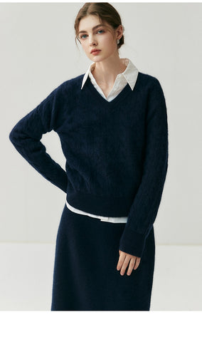 V-Neck Soft Relaxed Fit Pullover Jumper Cable Knit Cashmere Sweater