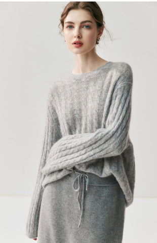 Luxury Cashmere Silk Cable Knit Oversized Crew Neck Pullover Sweater