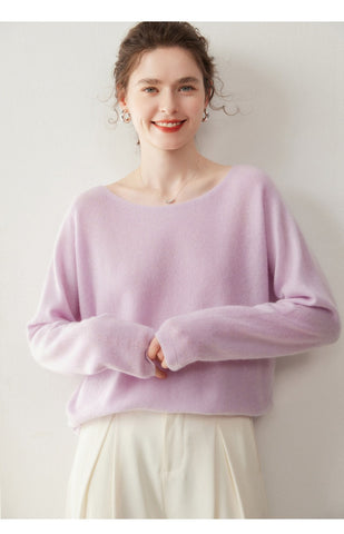 Elegant Relaxed Fit Knit Pullover Women's Cashmere Wool Boat Neck Sweater