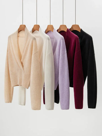 Women's Cashmere Blend Wrap Soft Pullover Sweater with Ribbed Waist